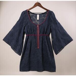 Free People Navy Lace Mini Dress S Sheer Bell Sleeve Boho Festival Date Night